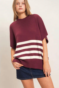 Wine Striped Oversized Crew Sweater