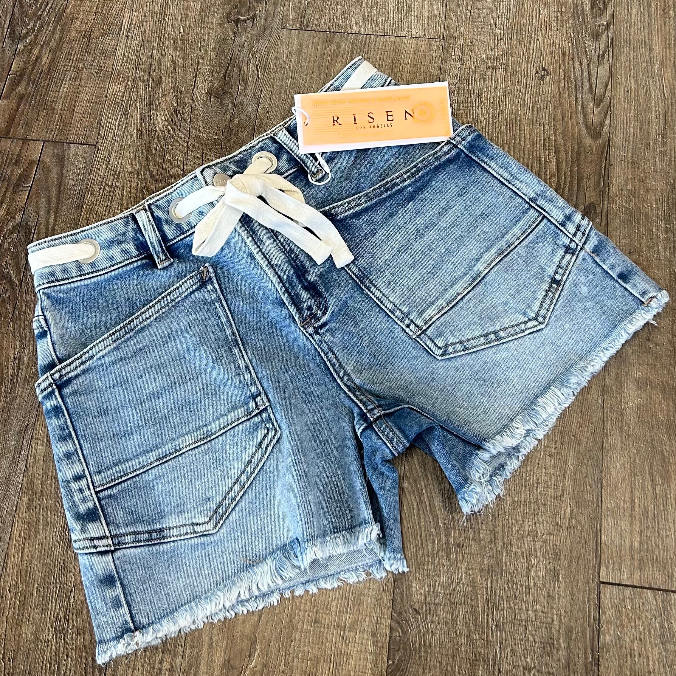 Risen | Light Wash Frayed Hem Drawstring Shorts