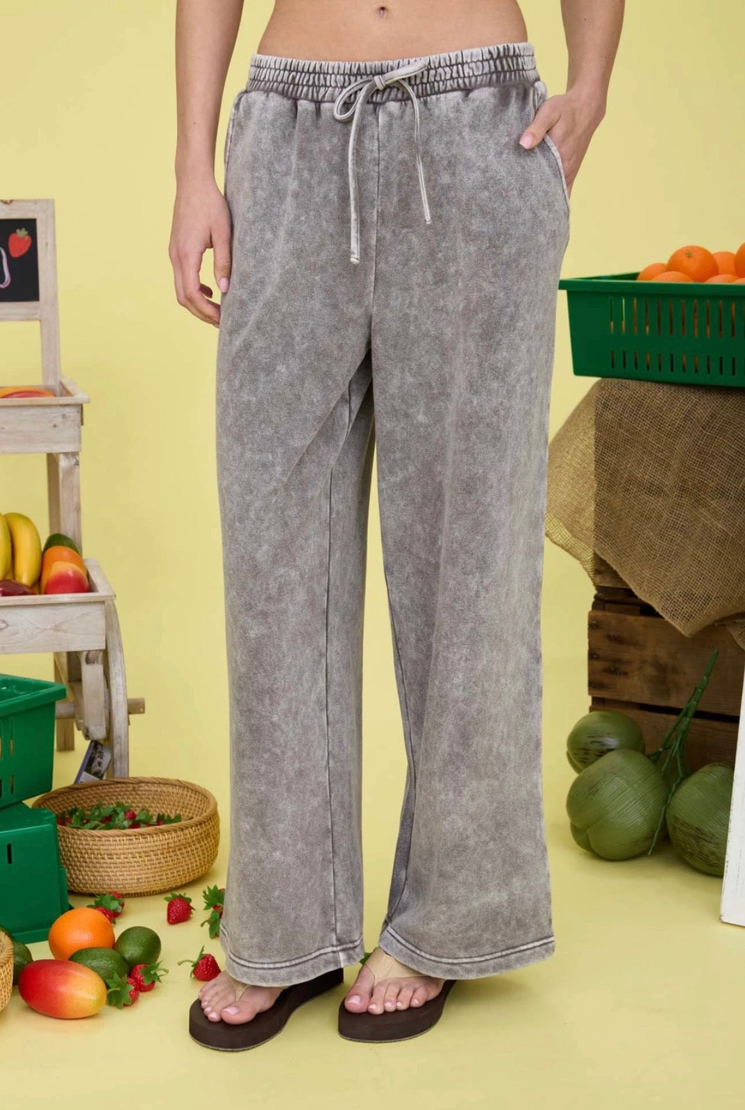 Charcoal Washed Wide Leg Drawstring Lounge Pants