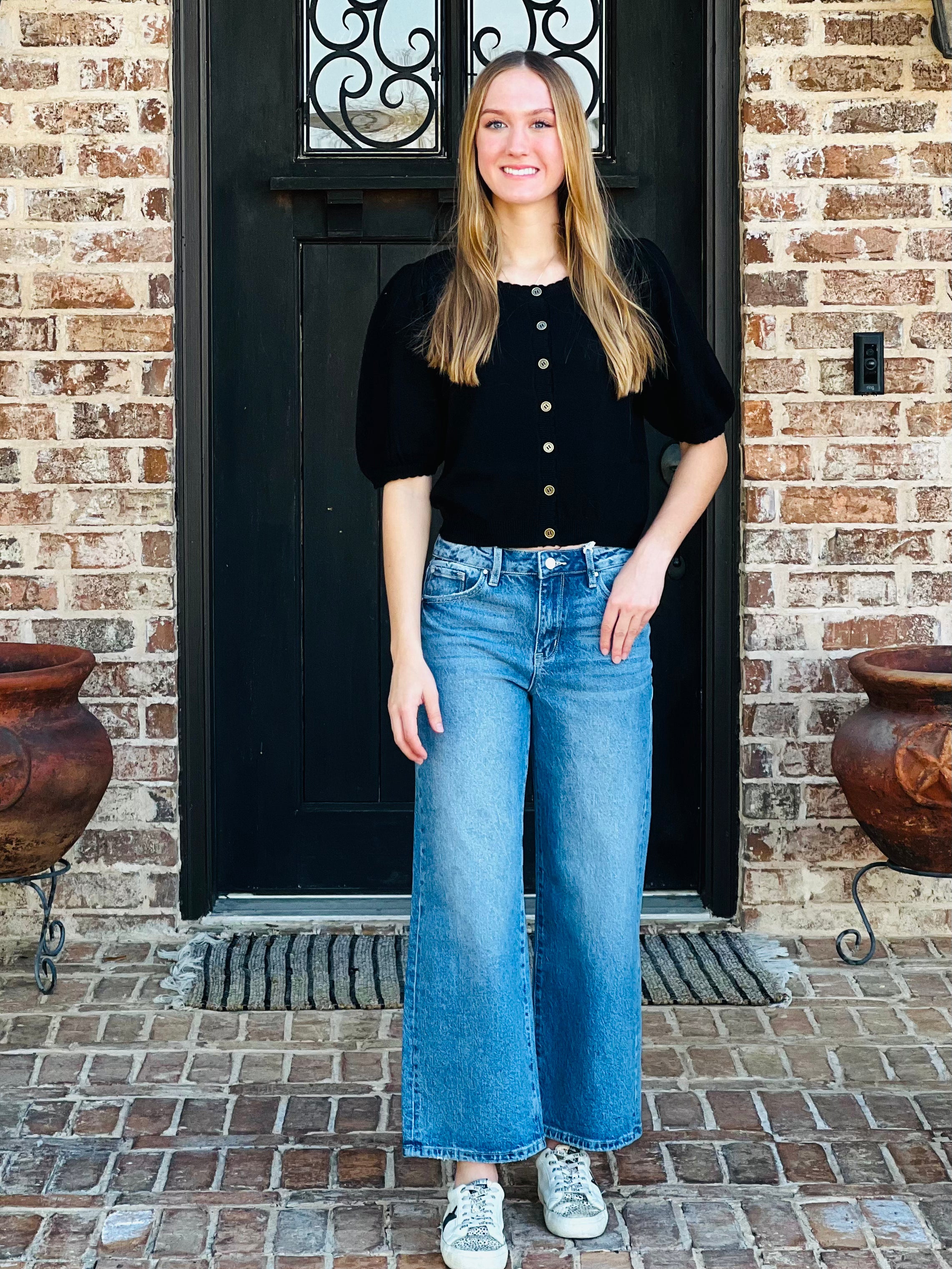 Black Puff Sleeve Cropped Cardi Sweater