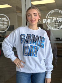 Blue Checkered Game Day With Metallic Puff Sweatshirt