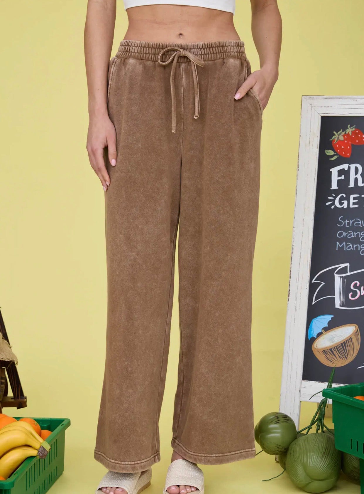 Brown Washed Wide Leg Drawstring Lounge Pants