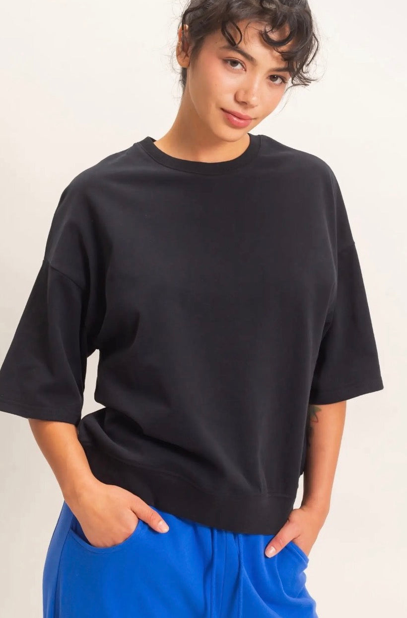 Black Washed Crew Neck Relaxed Fit Top
