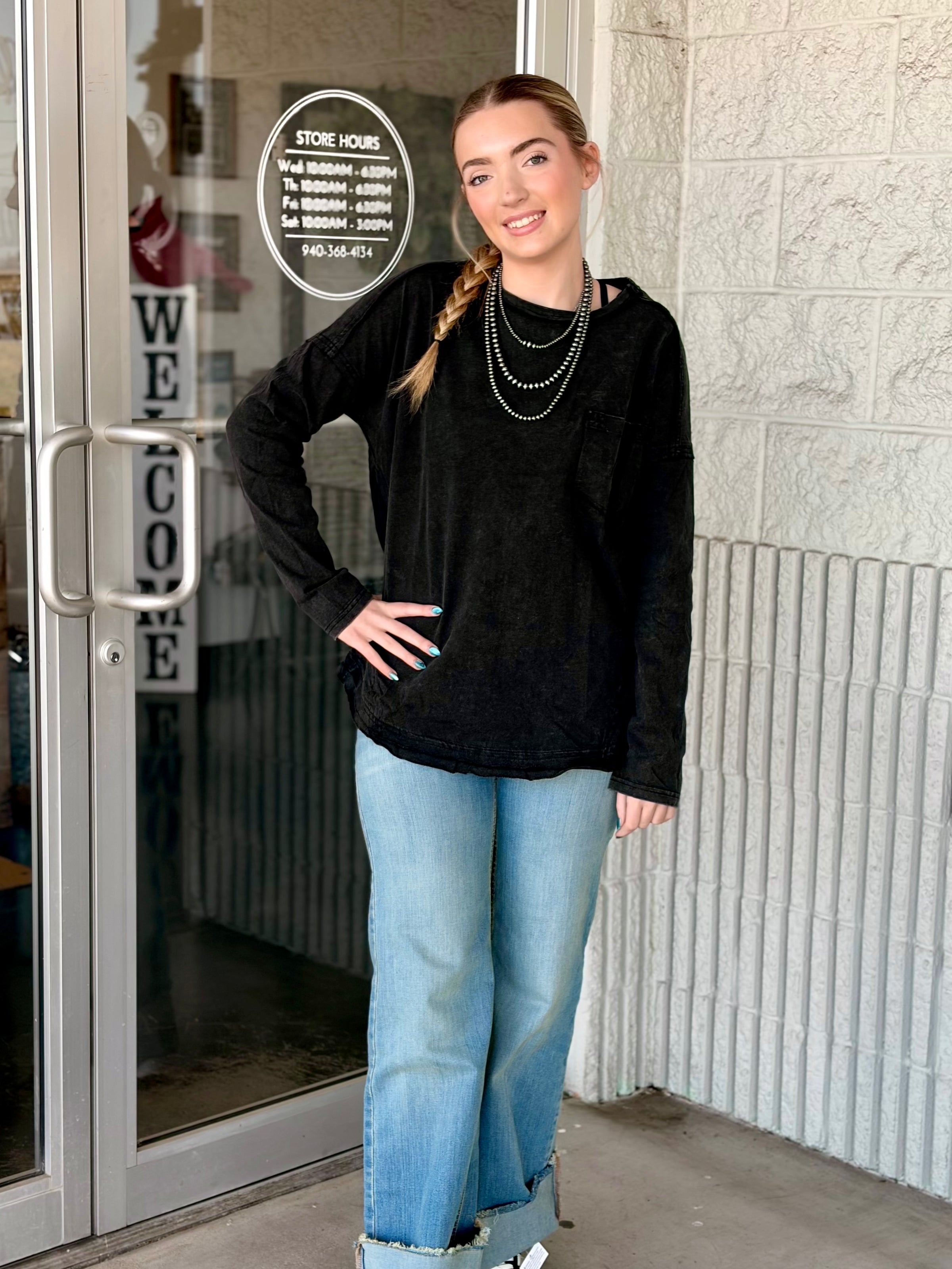 Black Mineral Wash Pocket Casual Top