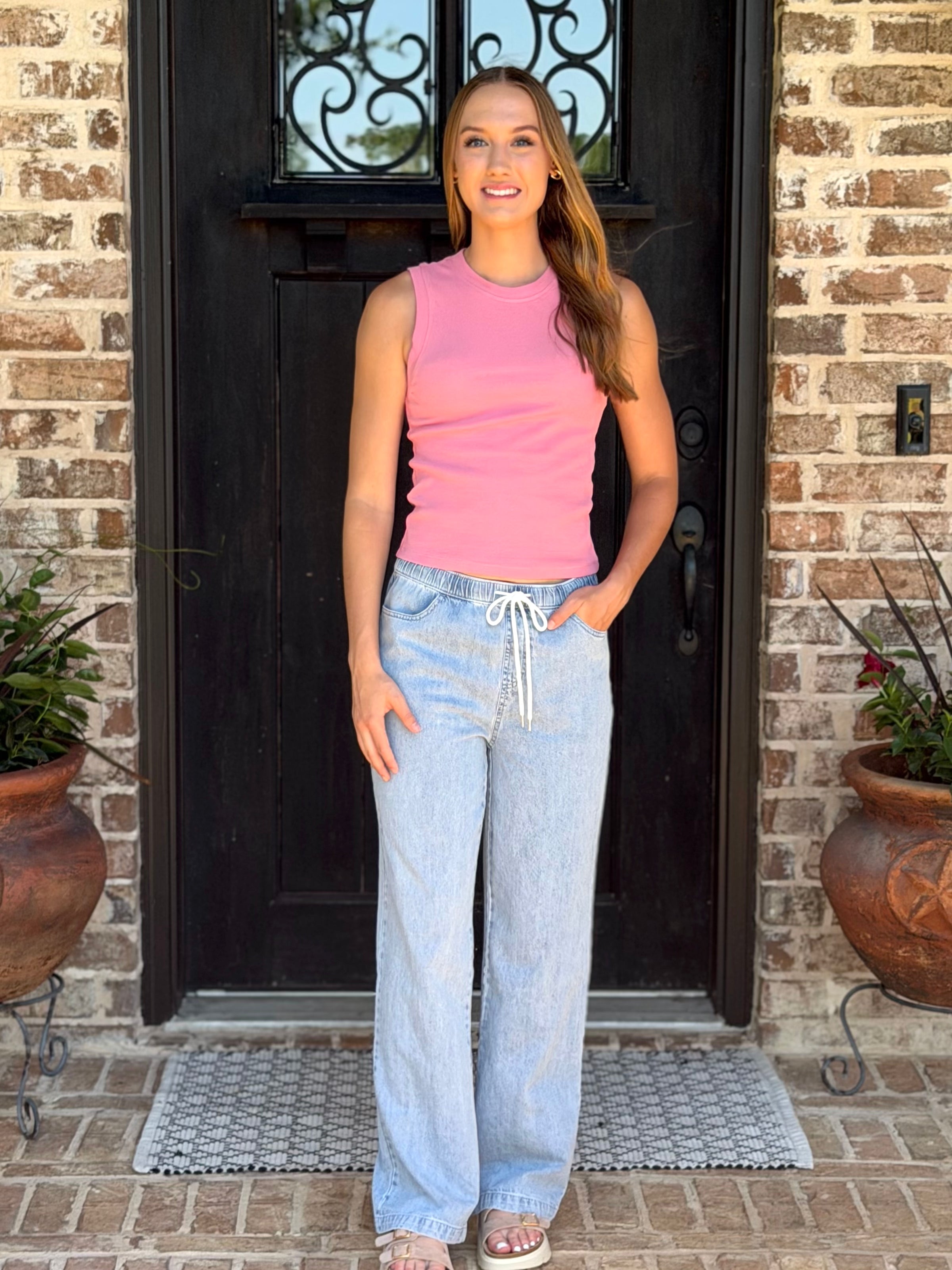 Bubble Gum Stretchy Basic Ribbed Sleeveless Crew Tank Top