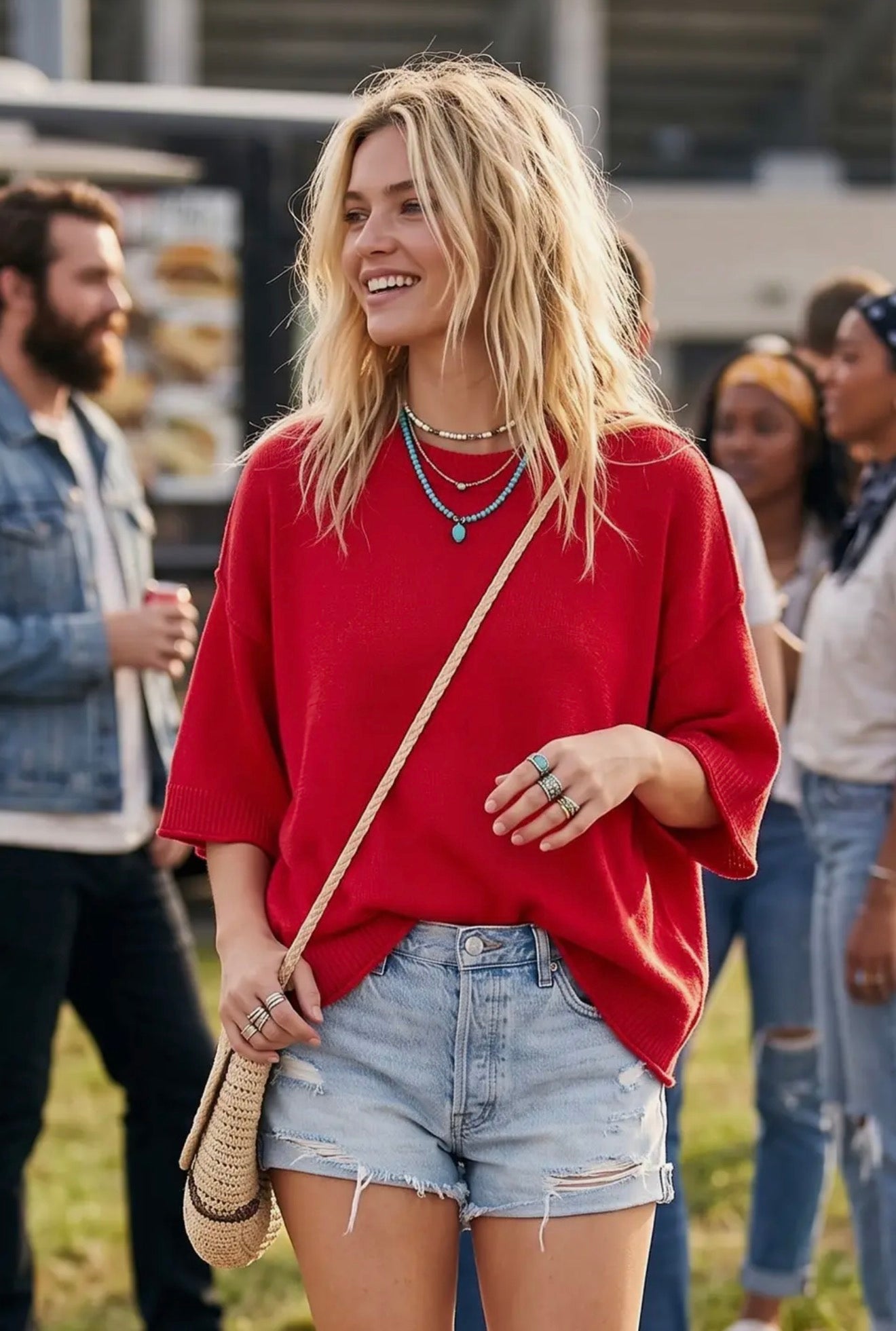 Red Lightweight Short Sleeve Oversized Sweater Top