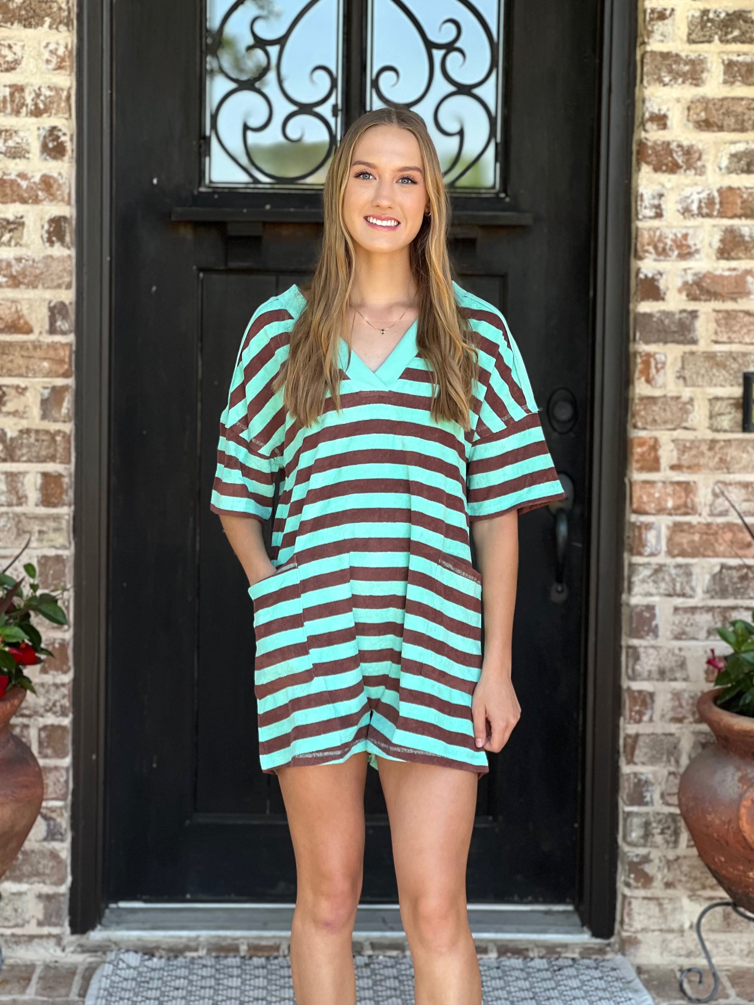 Mint & Taupe Stripe Casual Knit Romper