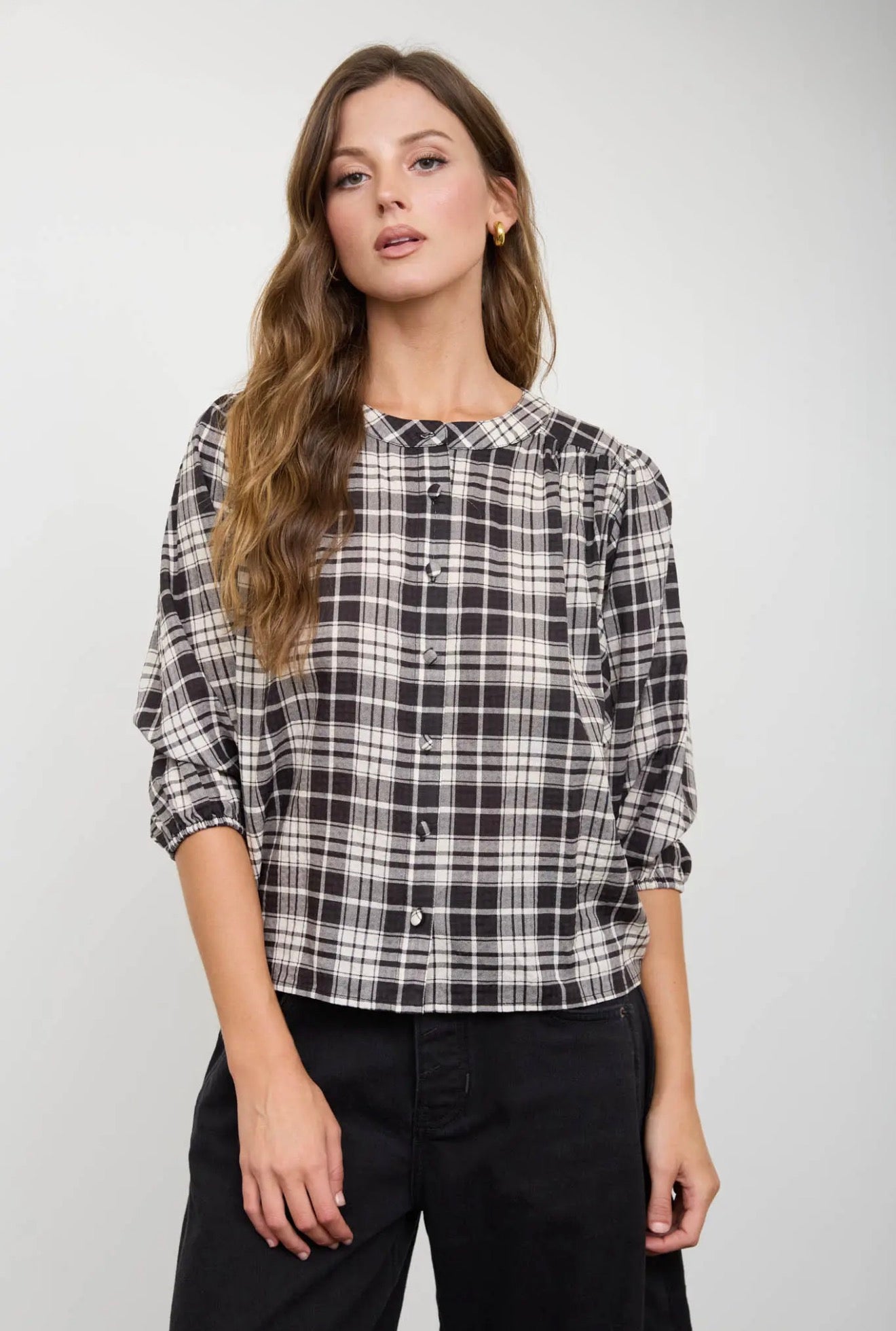 Black Plaid Round Neck Button Front 3/4 Sleeve Top