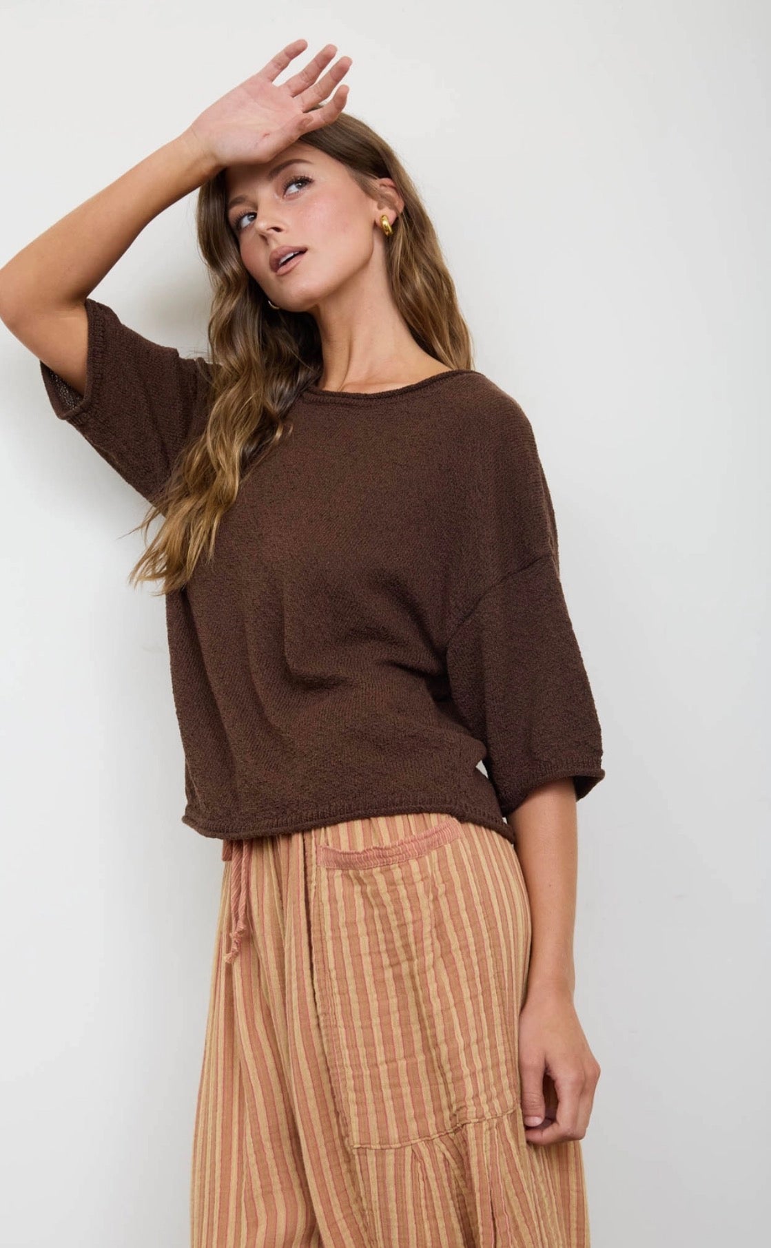 Chocolate Raw Edge Boxy Short Sleeve Knit Sweater