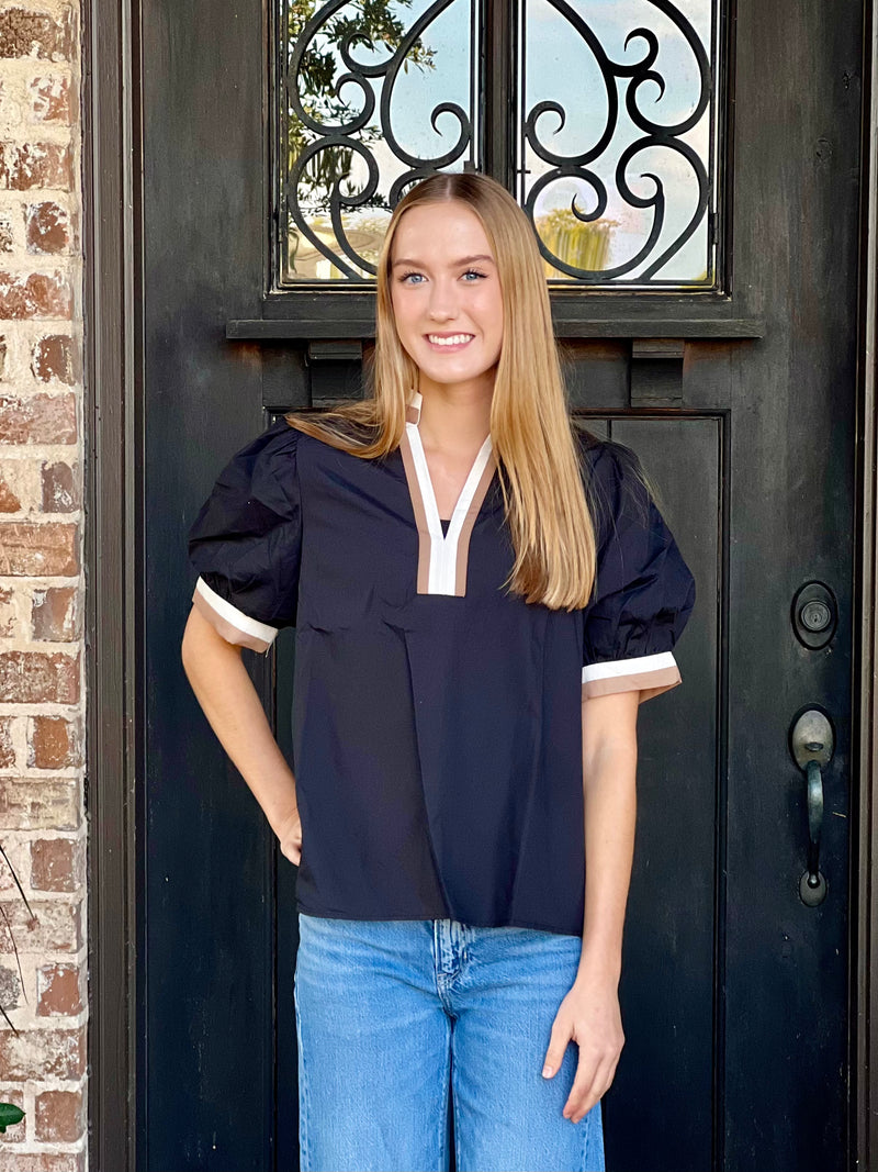 Standout Black Bubble Sleeve Collared Top