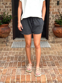 Black Acid Washed Elastic Waist Shorts