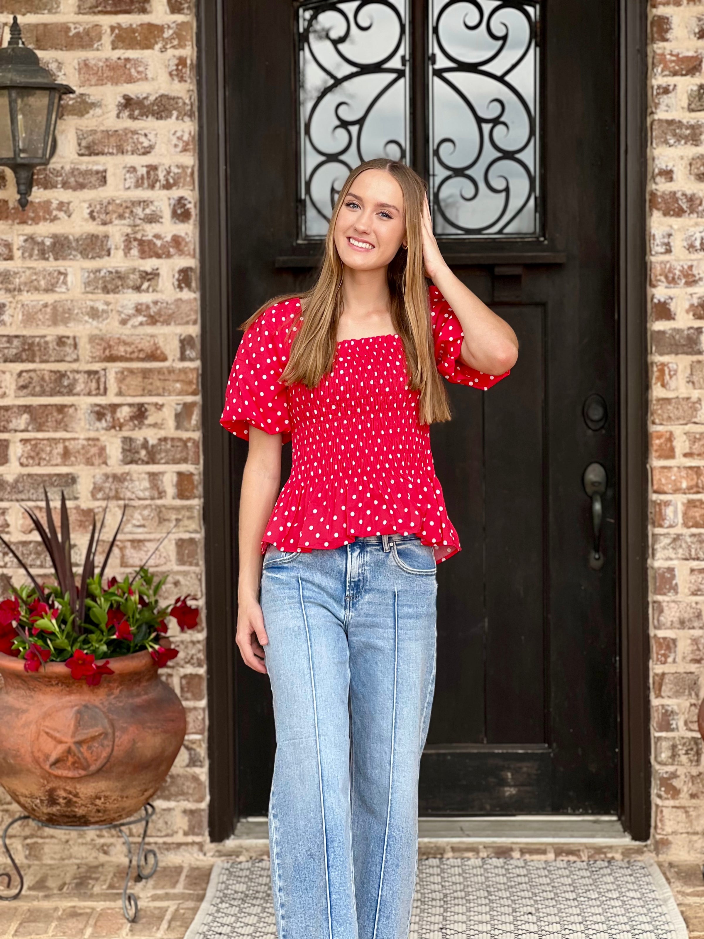 Kloey Red Polka Dot Smock Top