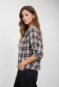 Black Plaid Round Neck Button Front 3/4 Sleeve Top