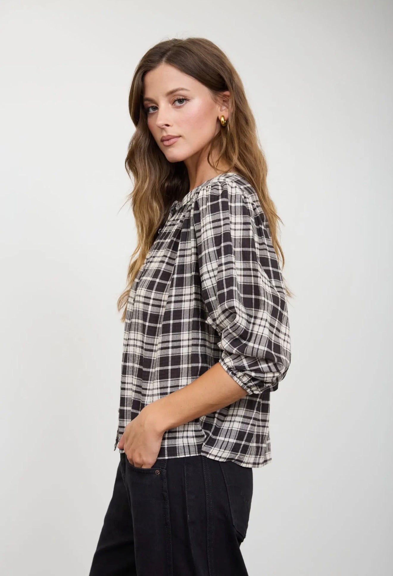 Black Plaid Round Neck Button Front 3/4 Sleeve Top
