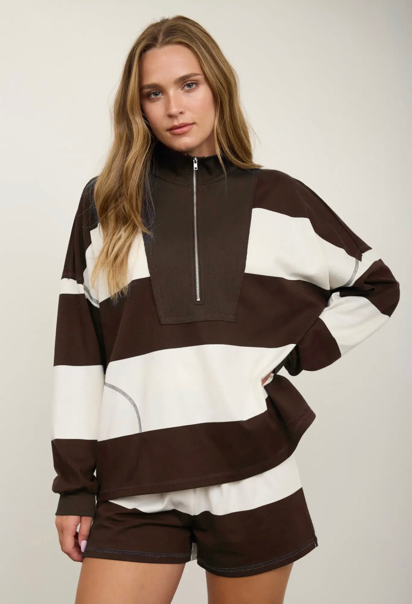 Brown Wide Stripe 1/4 Zip Set