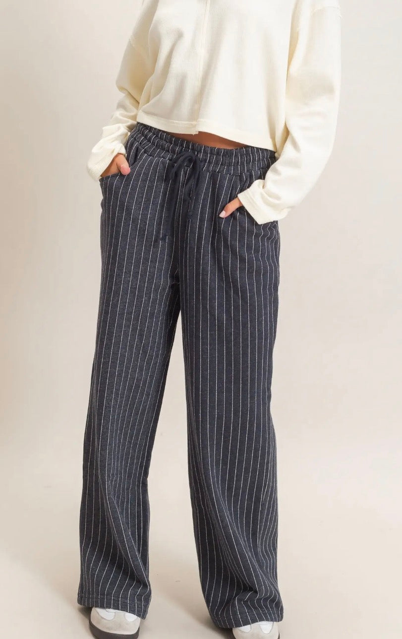 Navy Pinstripe Elastic Waist Sweatpants