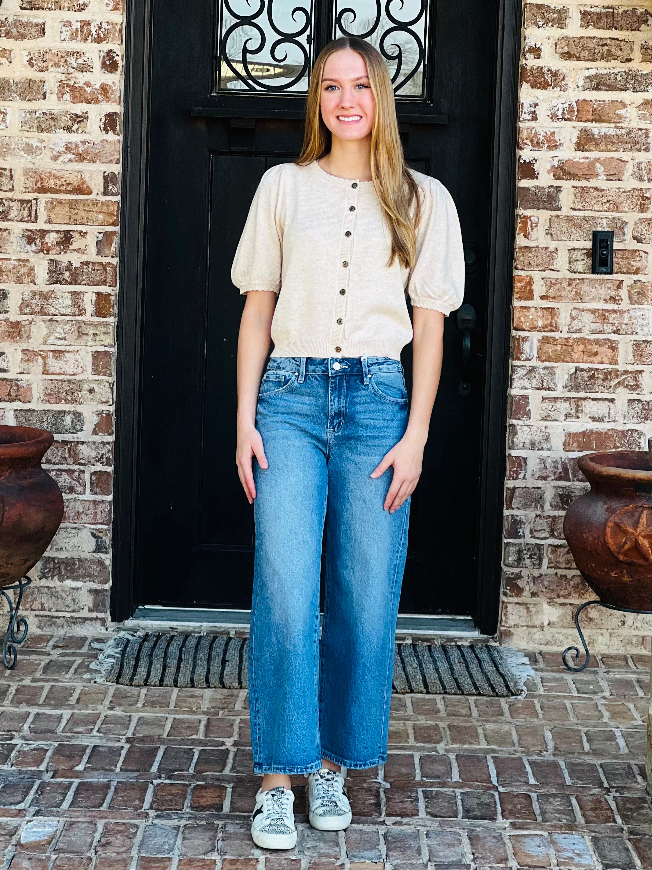 Cream Puff Sleeve Cropped Cardi Sweater