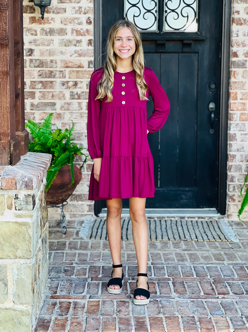 Youth Burgundy Button Tiered Dress Rivers' Rustic Designs Youth Burgundy Button Tiered Dress Rivers' Rustic Designs