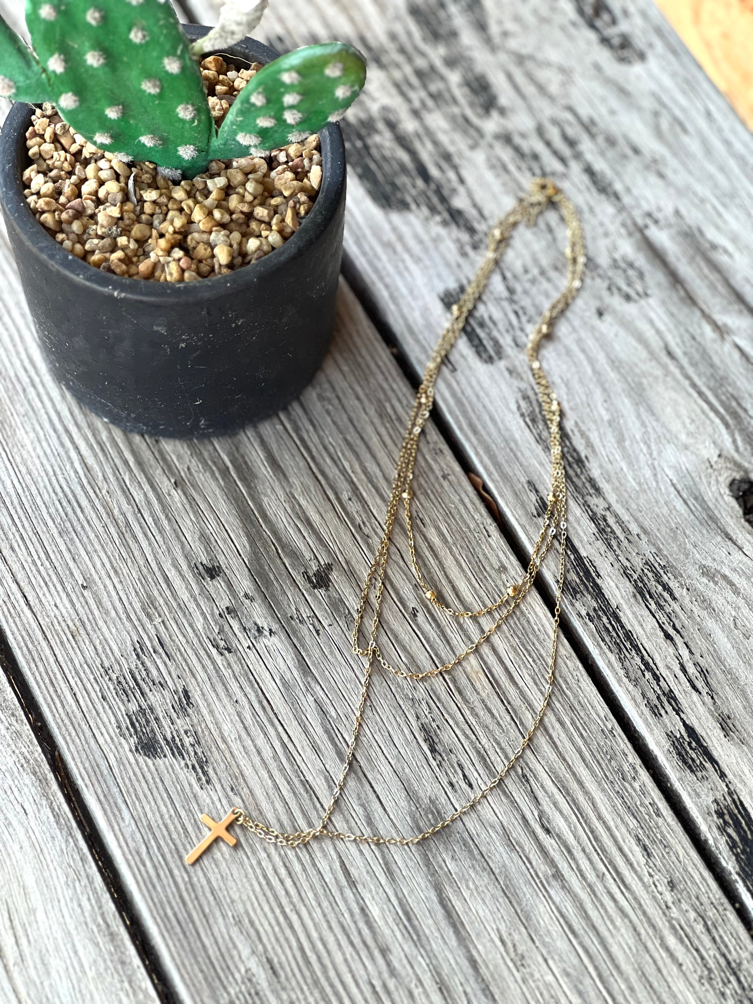 Gold Plated Chain Multi Layer Cross Necklace