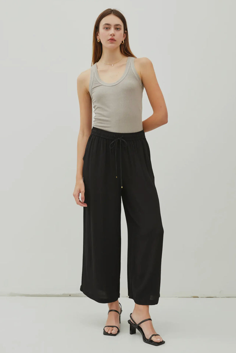 Black Drawstring Wide Leg Crop Pants