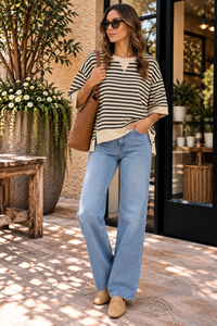 Black & Cream Oversized Stripe Casual Knit Top