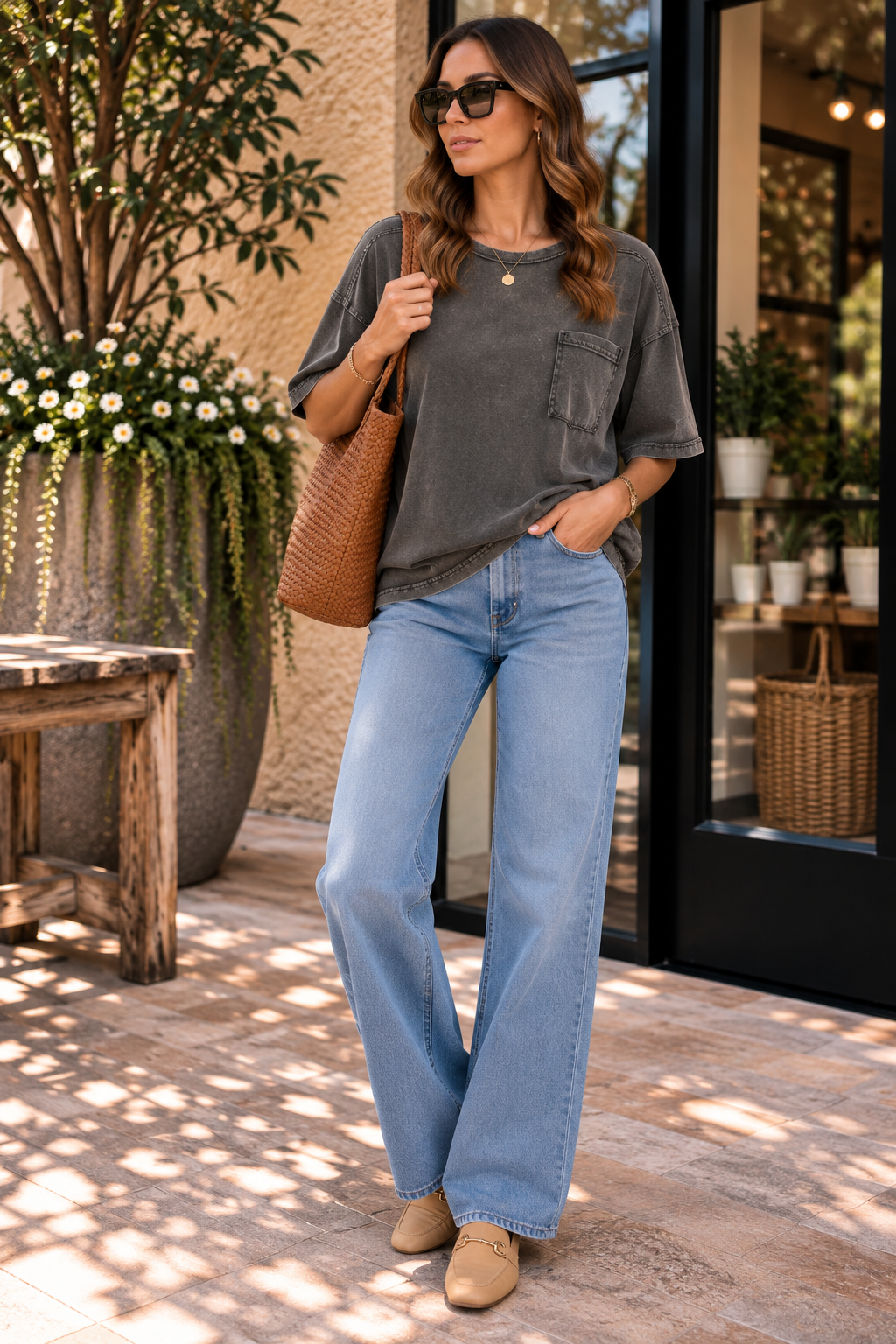 Charcoal Mineral Washed Knit Top with Pocket