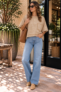 Taupe Mineral Washed Oversized Crop Comfy Knit Top