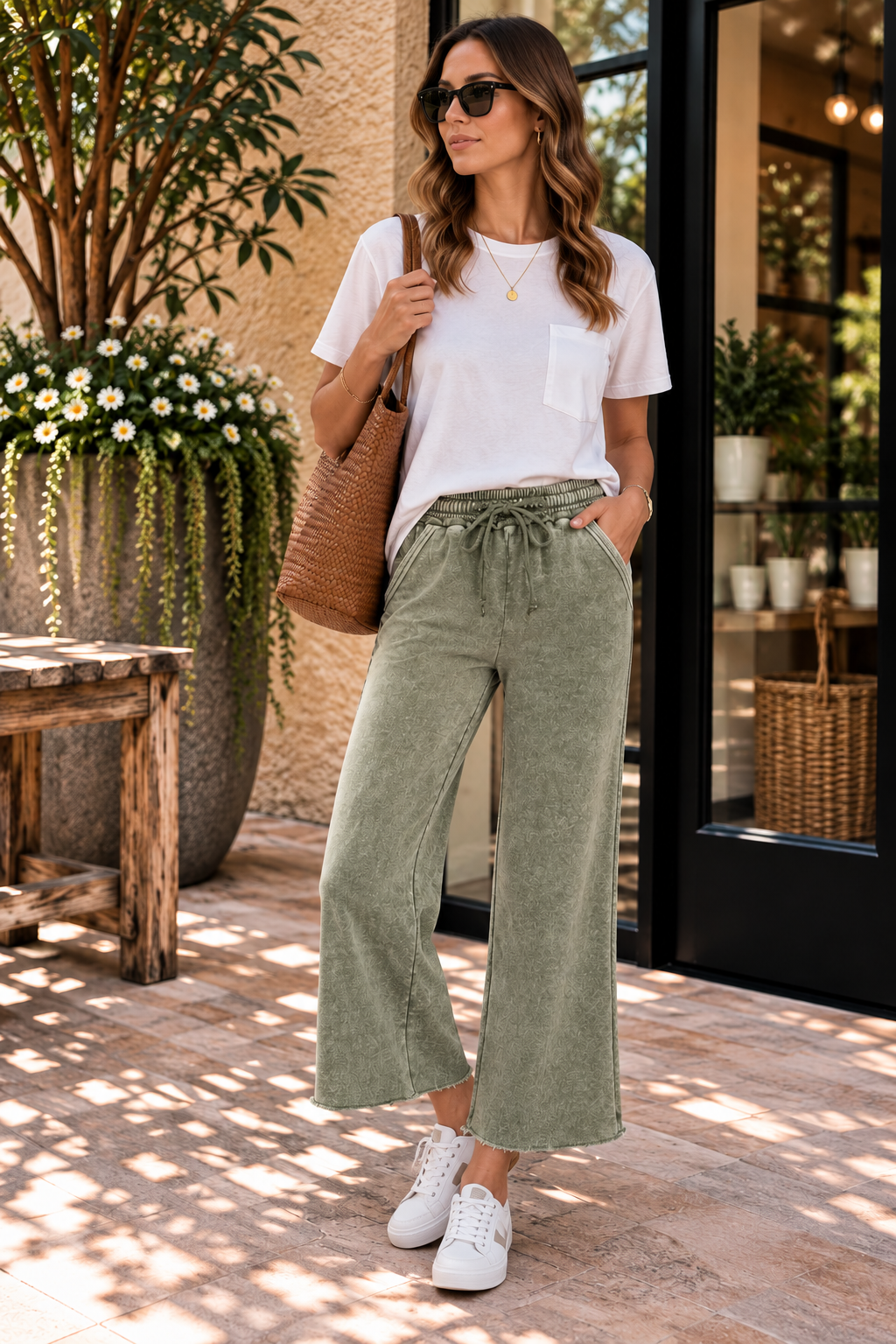 Light Olive Acid Wash Palazzo Joggers