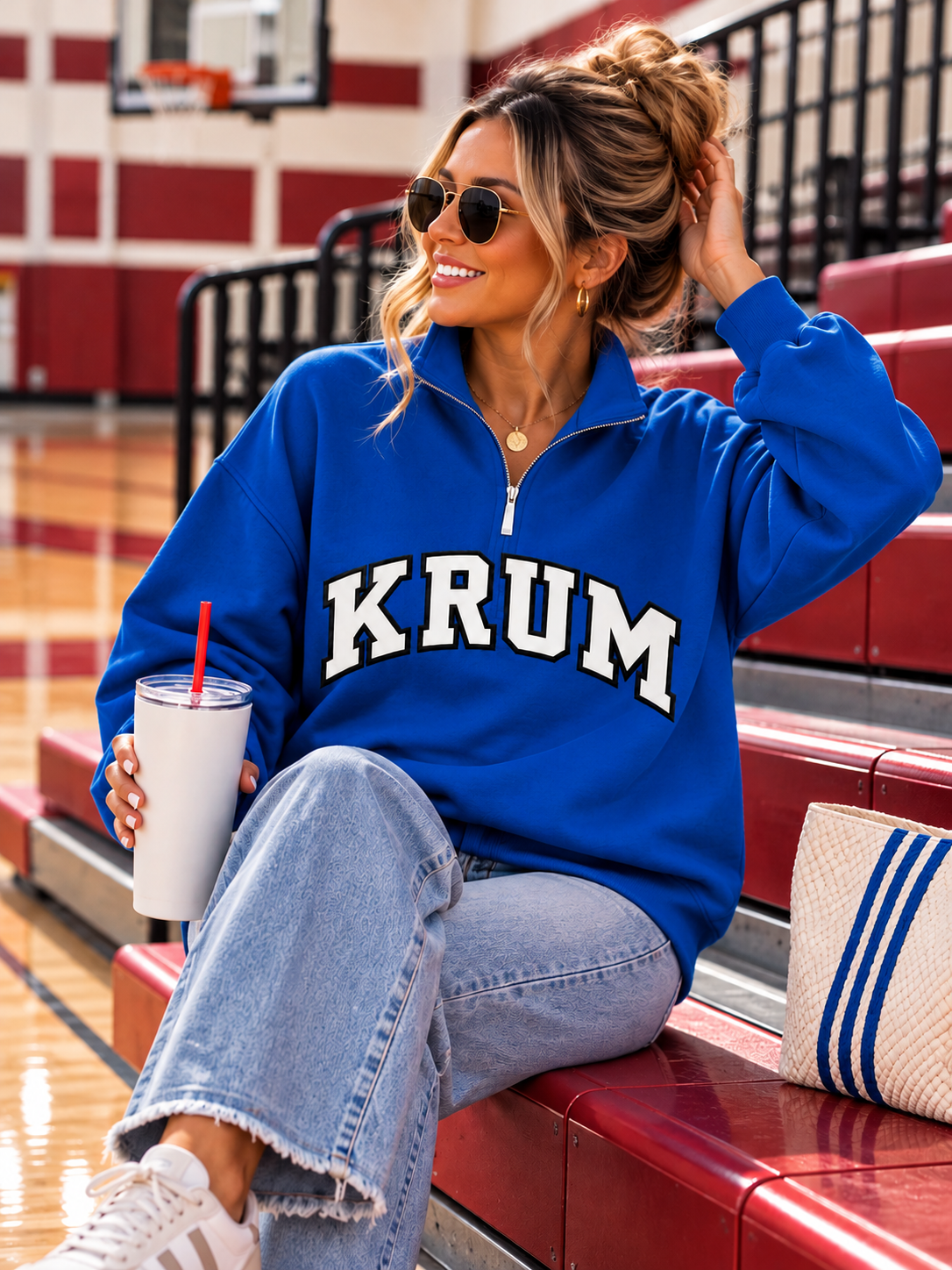 PREORDER | Krum Blue Embroidered Appliqué Quarter Zip **ETA 3-4weeks