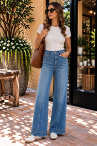 Risen | Tummy Control High Rise Ankle Wide Pintuck Jeans