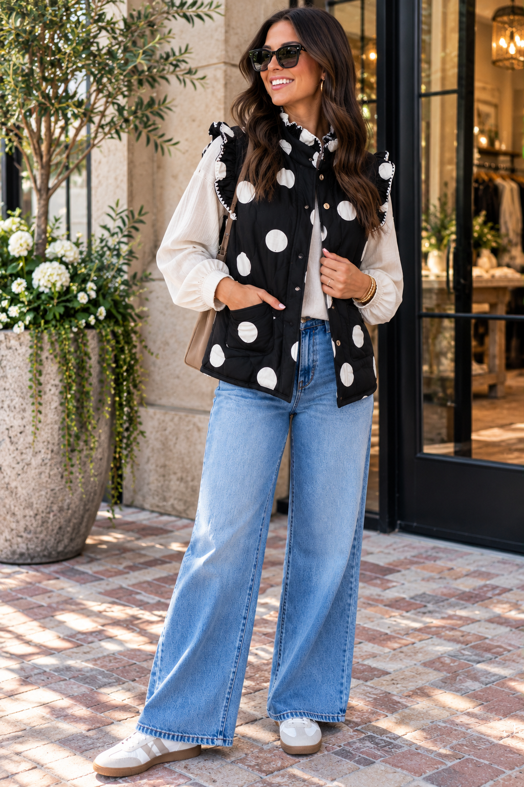 Umgee Black & White Polka Ruffle Vest