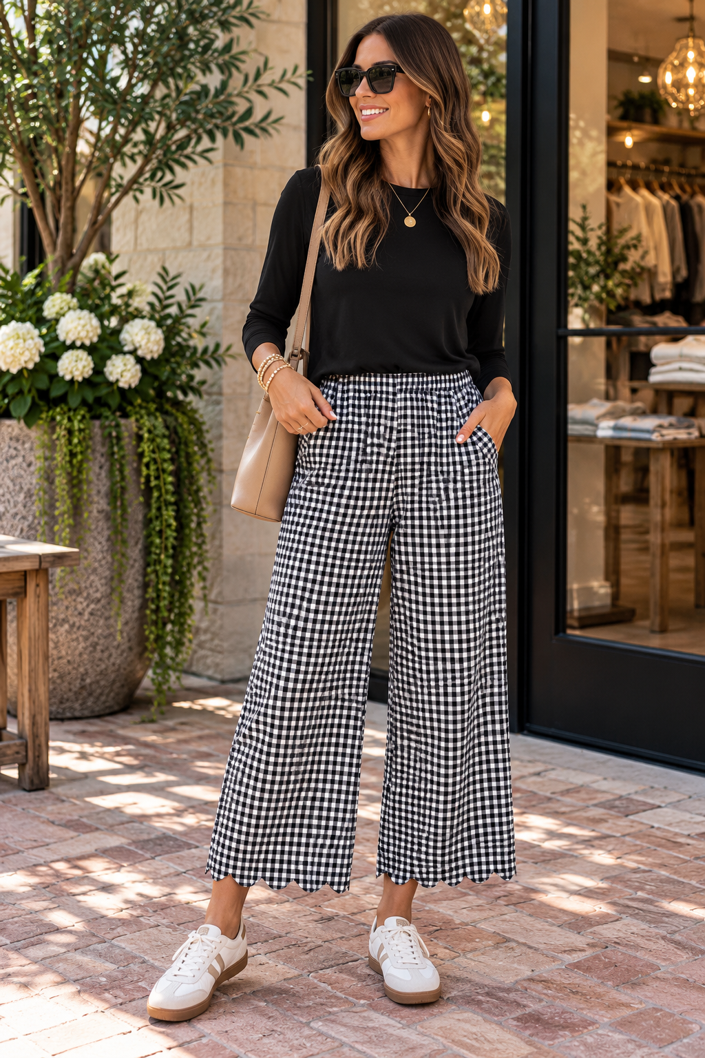 Umgee | Black Gingham Pull On Pants