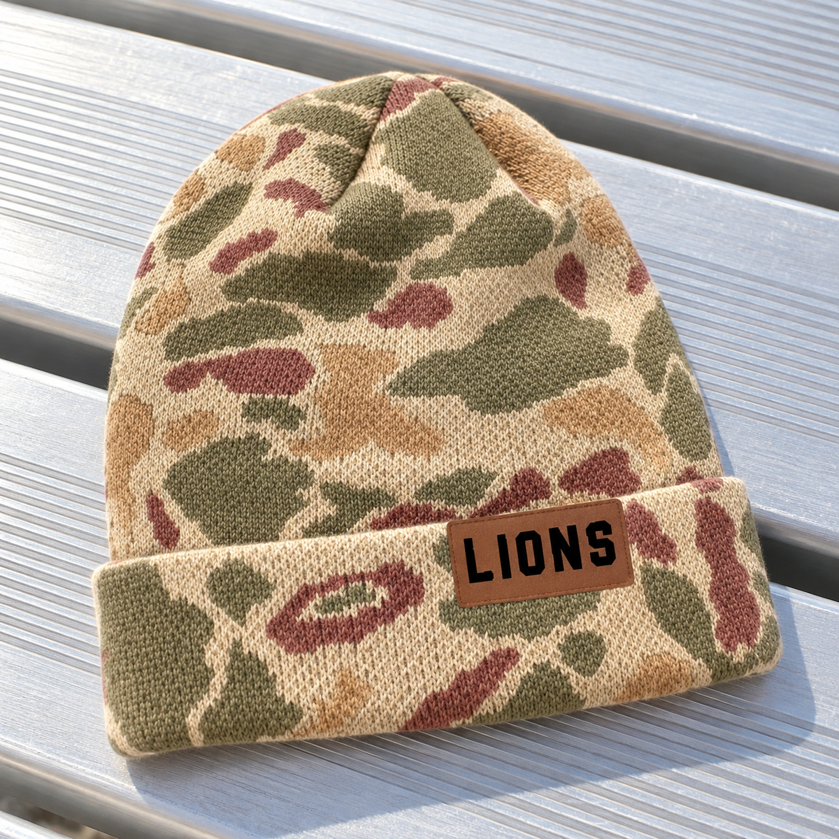 PREORDER | Lions Leather Patch Harvest Duck Camo Beanie