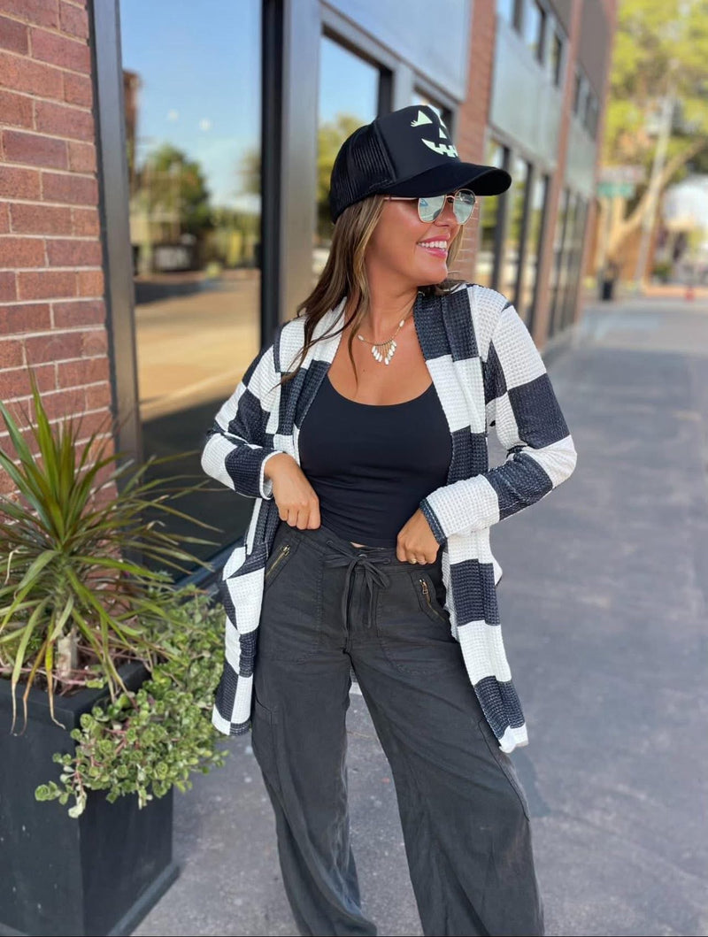 Checkered Waffle Knit Thumbhole Open Front Cardigan