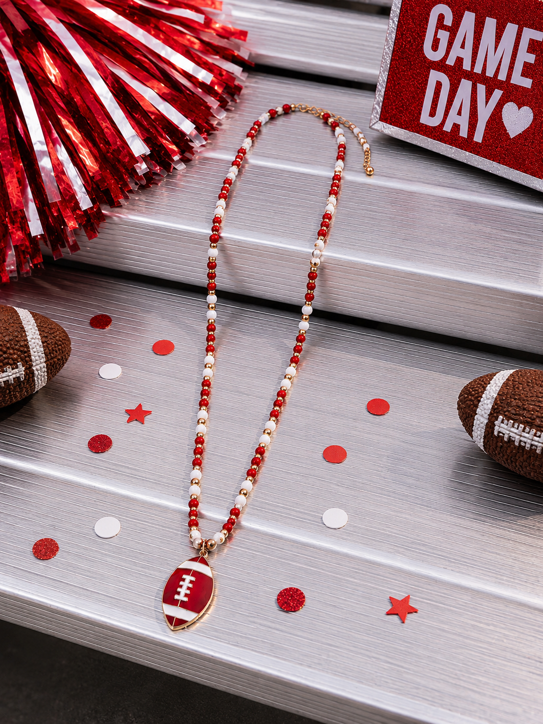 Bleacher Babe Red & White Bead Football Necklace