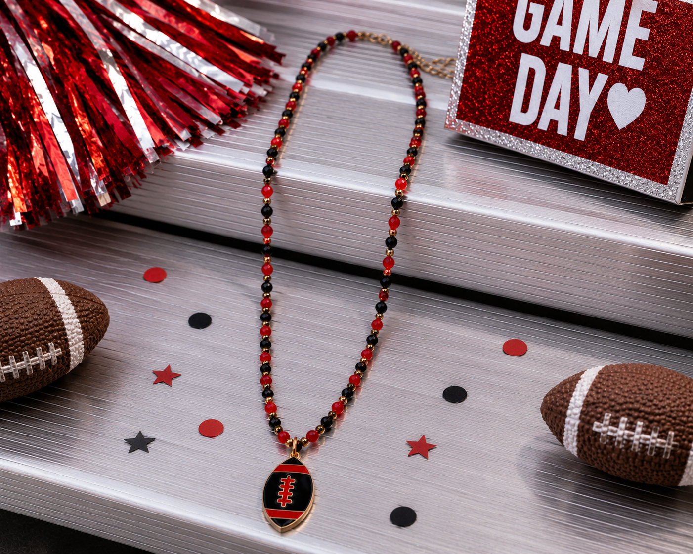 Bleacher Babe Red & Black Bead Football Necklace