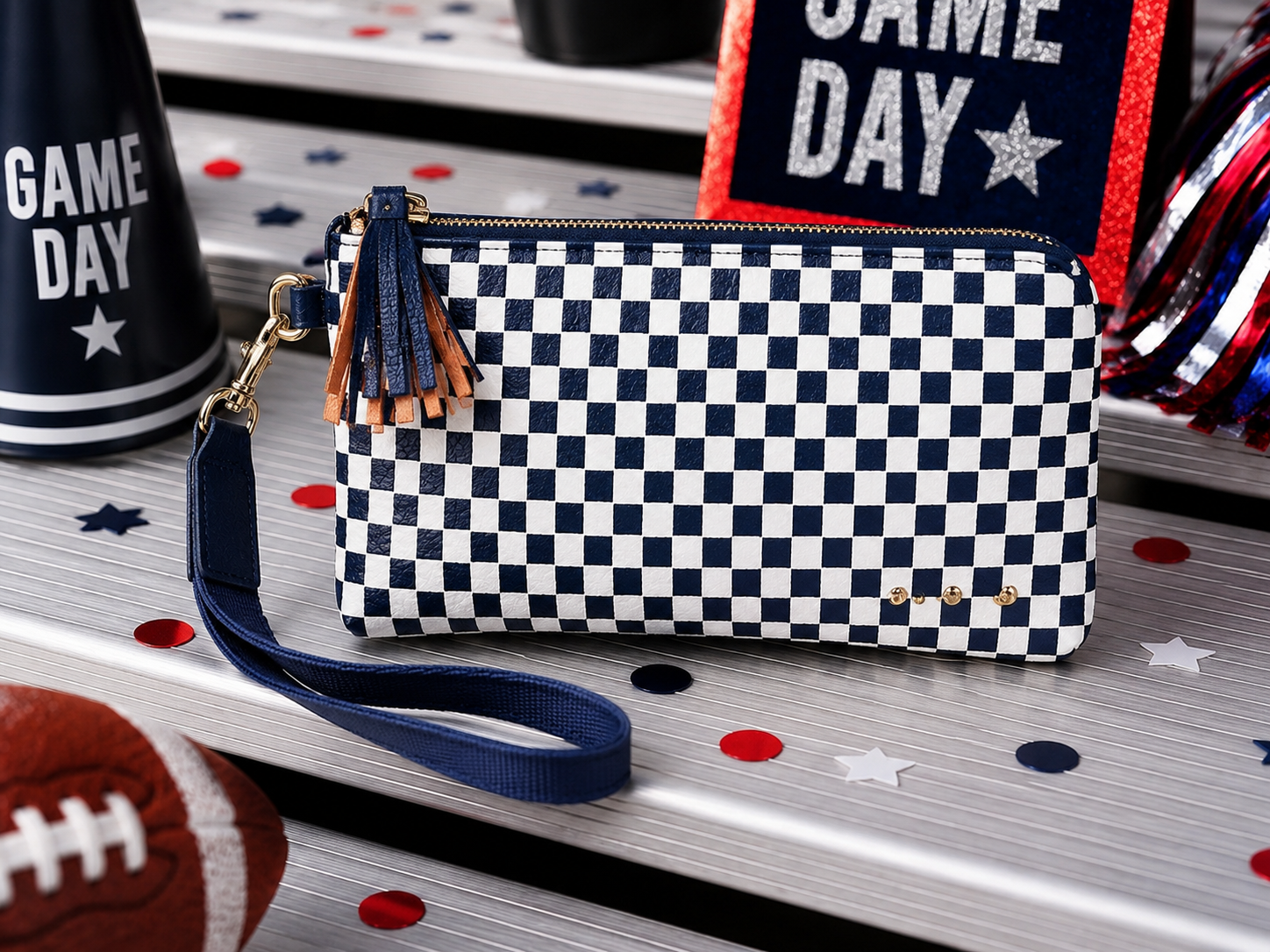 Navy Checkered Emma Woven Clutch Wristlet