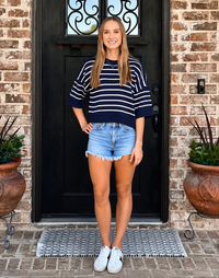 Navy Stripe Raw Edge Short Sleeve Sweater