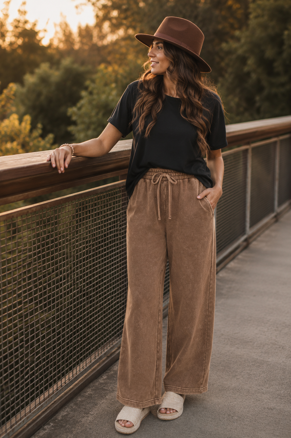 Brown Washed Wide Leg Drawstring Lounge Pants
