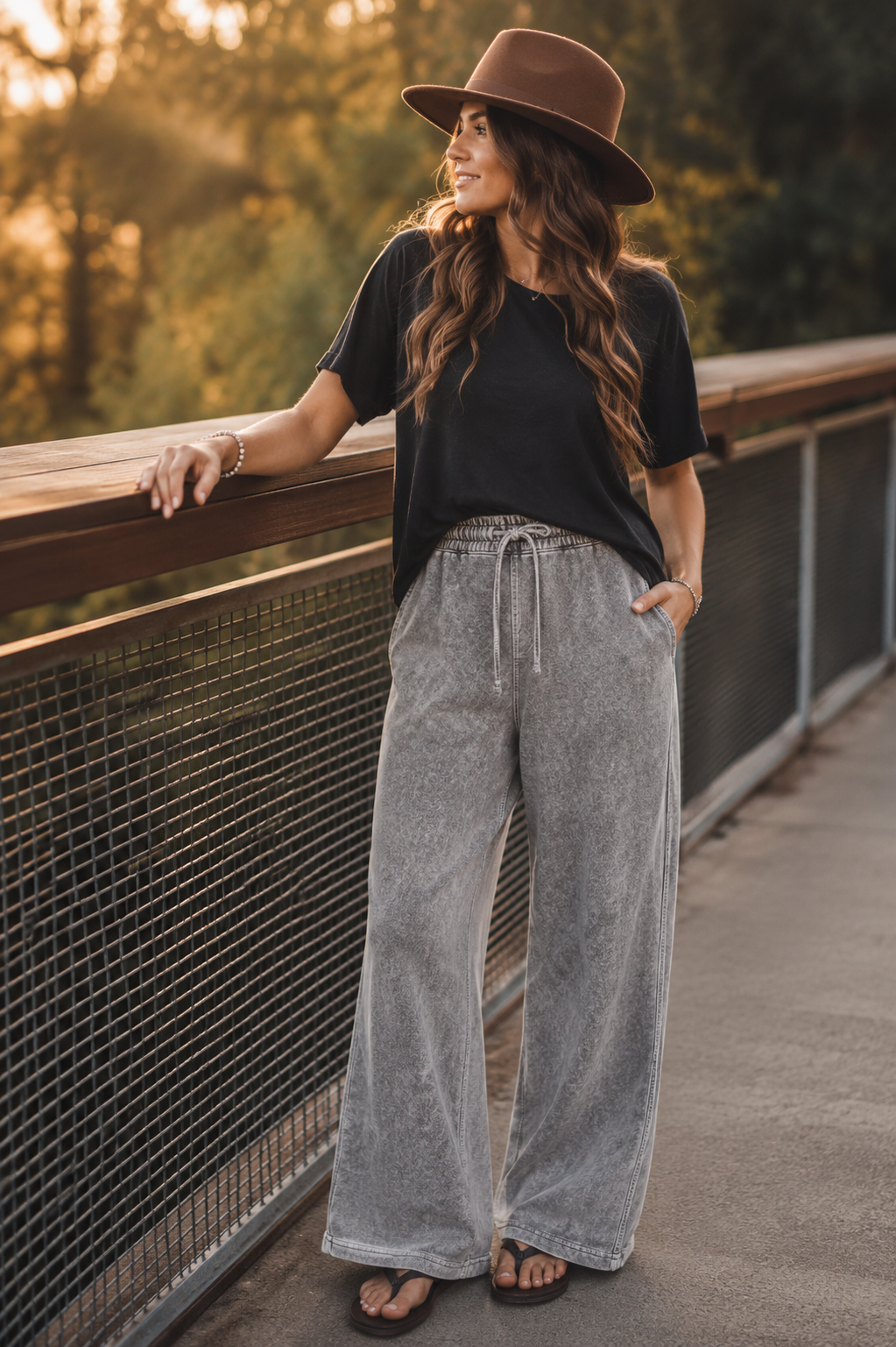Charcoal Washed Wide Leg Drawstring Lounge Pants