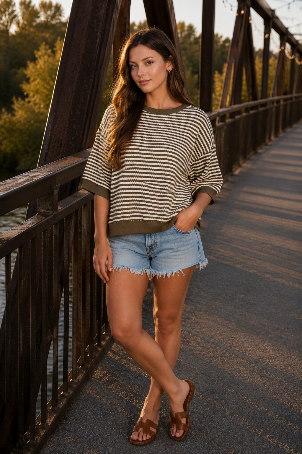Mocha Textured Stripe Drop Shoulder Knit Top