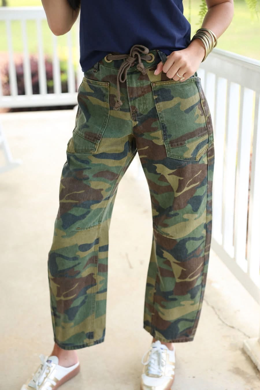 Risen | Slouchy Cropped Camo Barrel Jean