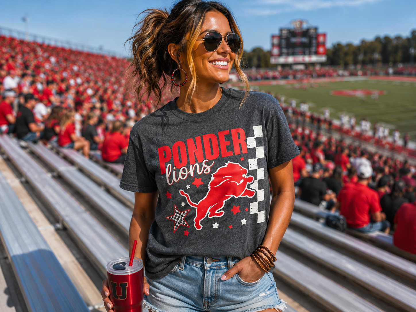 Ponder Lions Script Checkered Stars Tee