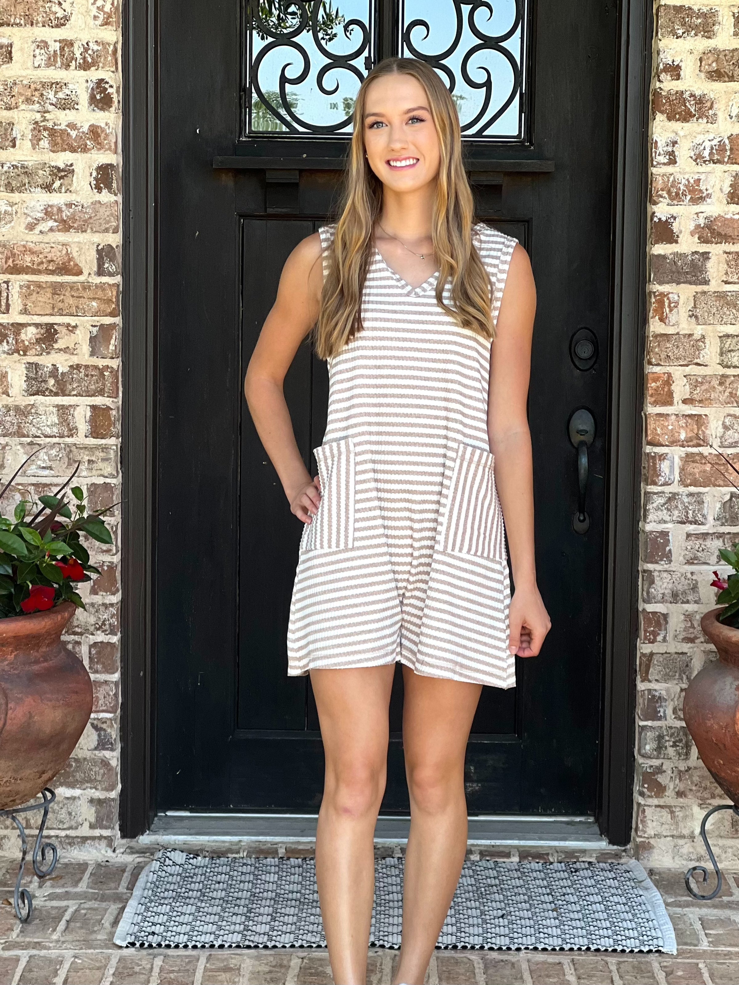 Taupe Striped Knit Casual Comfy Romper