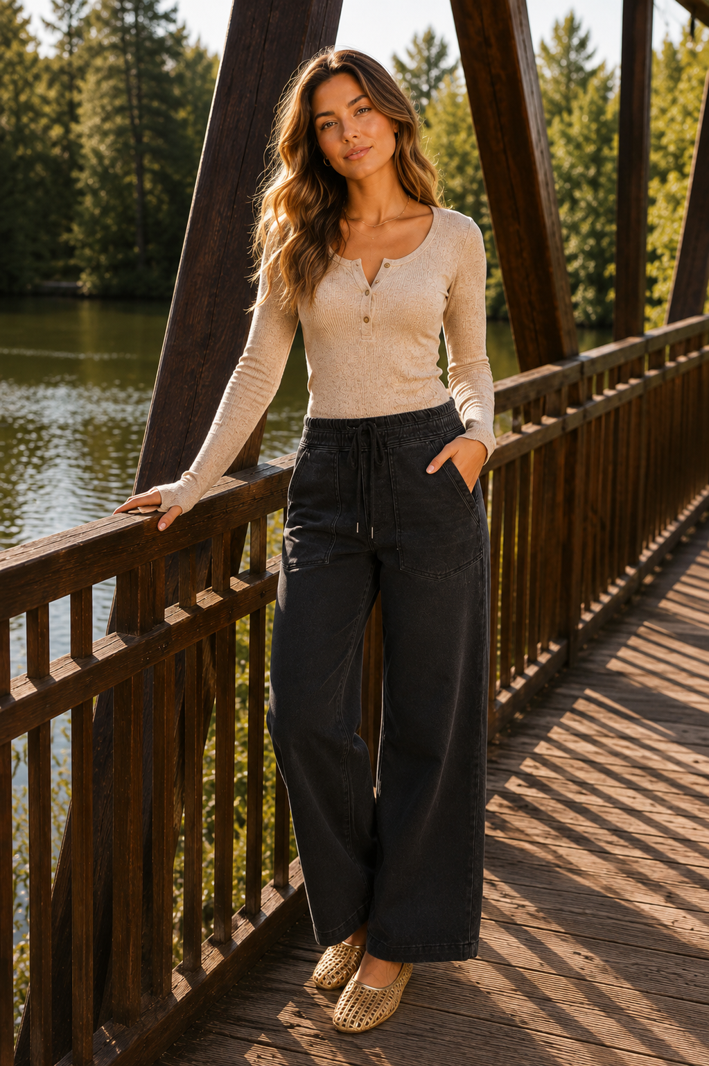 Risen | Washed Black Elastic Band Baggy Crop Jeans