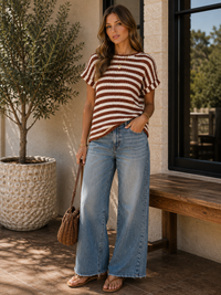 Brown Textured Stripe Round Neck Dolman Sleeve Knit Top