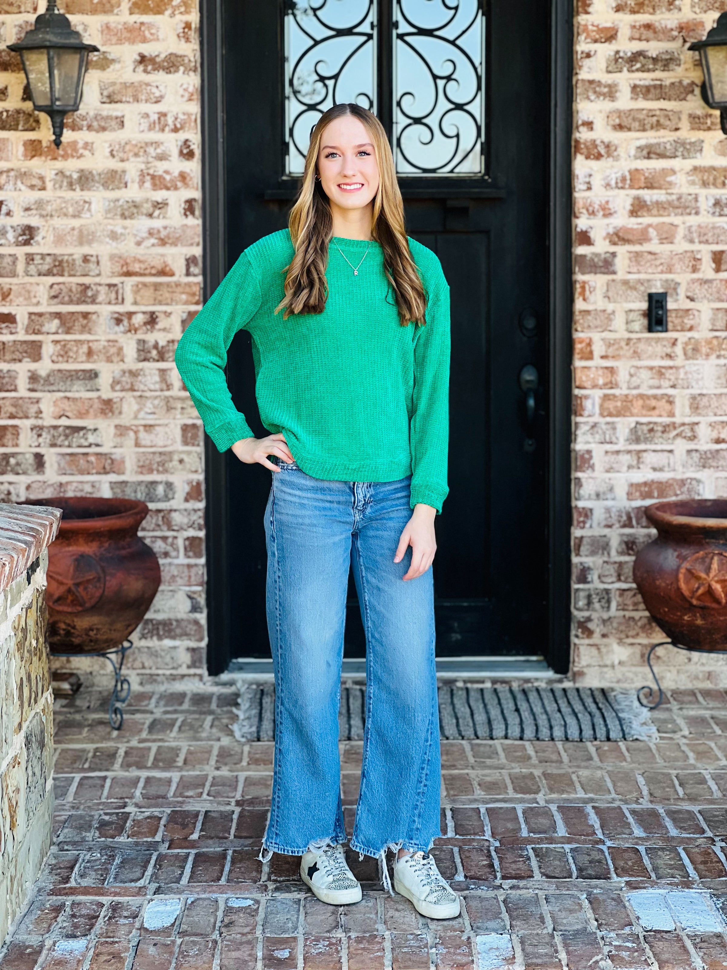 Kelly Green Chenille Waffle Round Neck Sweater