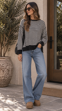 Black Striped Exposed Seam Split Long Sleeve Top