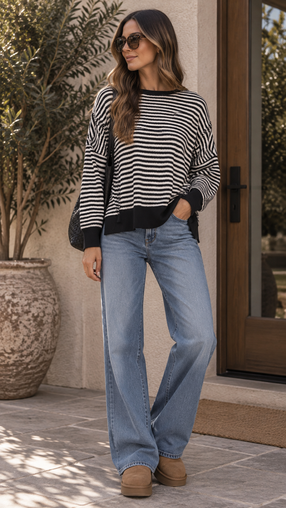 Black Striped Exposed Seam Split Long Sleeve Top