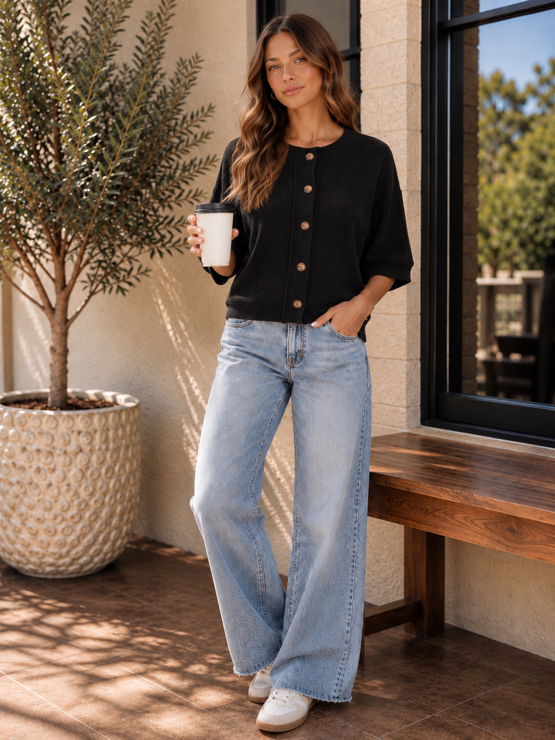 Black Button-Down Short Sleeve Waffle Top